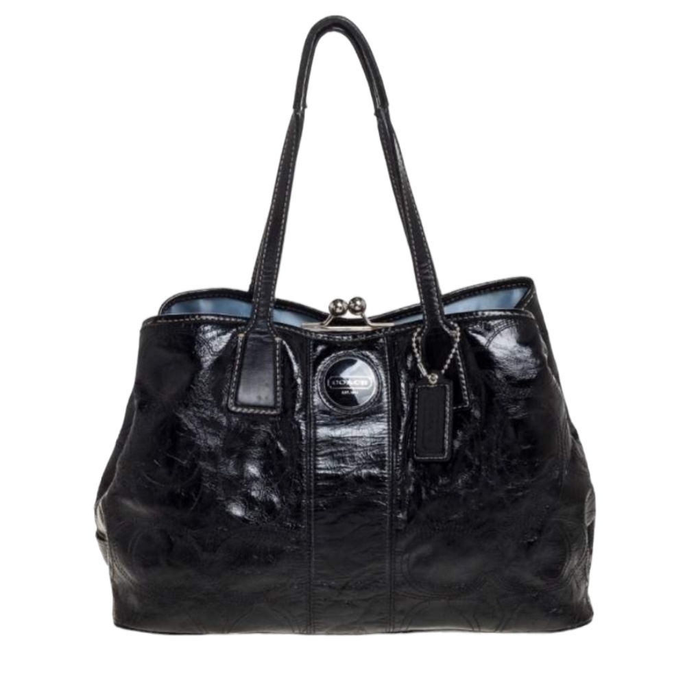 Coach Signature Stitched Black Leather Framed Kisslock Carryall Handbag